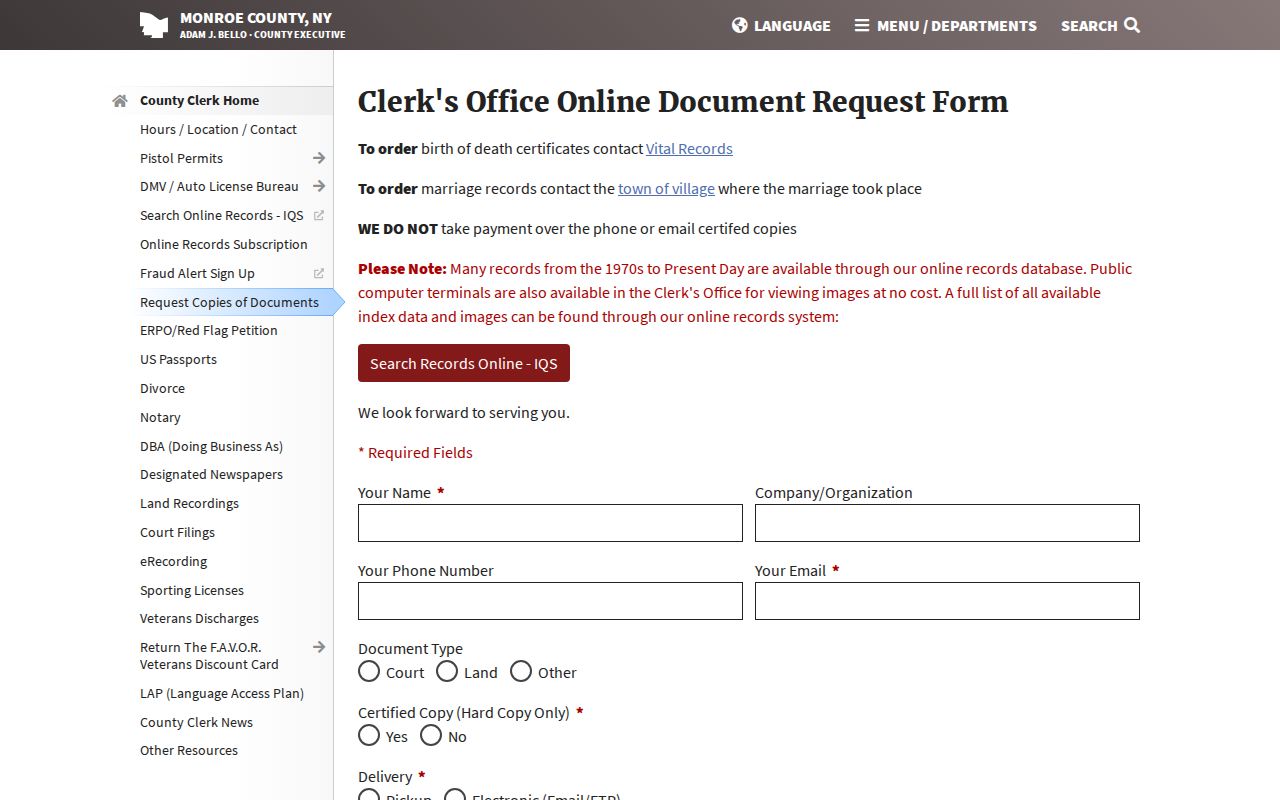 Perinton address-records County Clerk document-order reference