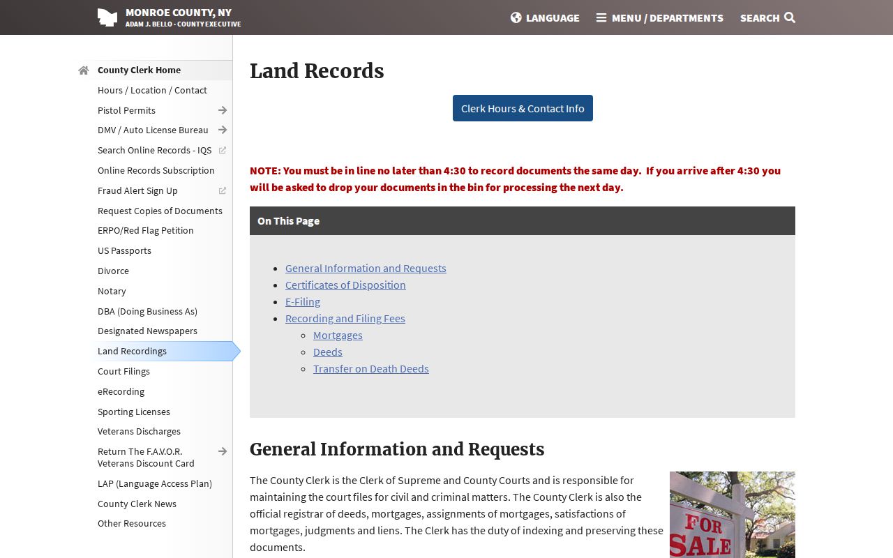 Perinton residents directory Monroe County Clerk deed index access