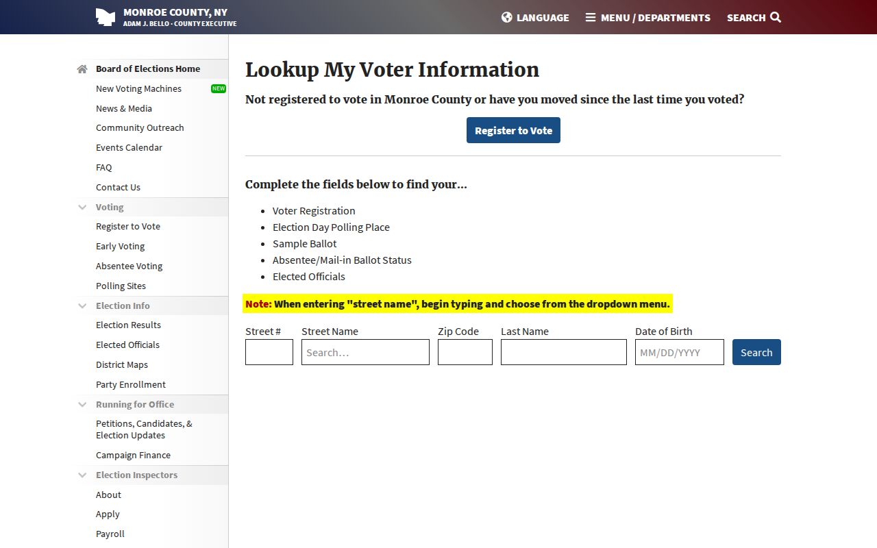 Perinton residents directory Monroe County voter lookup fields